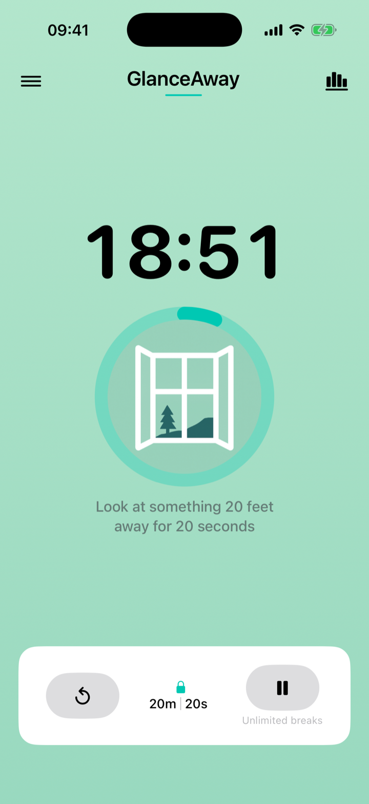 GlanceAway timer screen showing the 20-20-20 eye break timer.